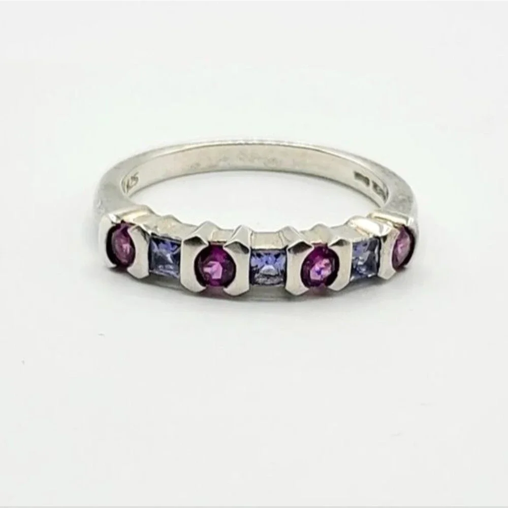 VTG 925 Sterling Silver Alternating Pink and Blue Gemstone Band Ring, Size 9.25